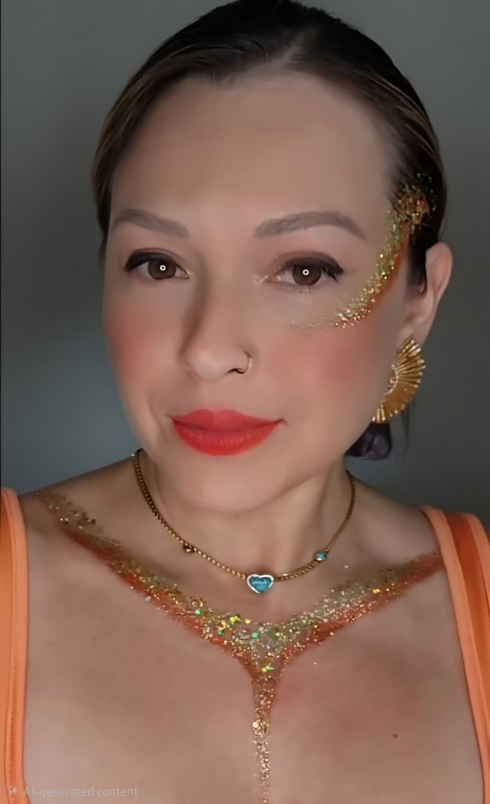 Gold glitter swept across the eye and collarbones with a teal gem at the throat